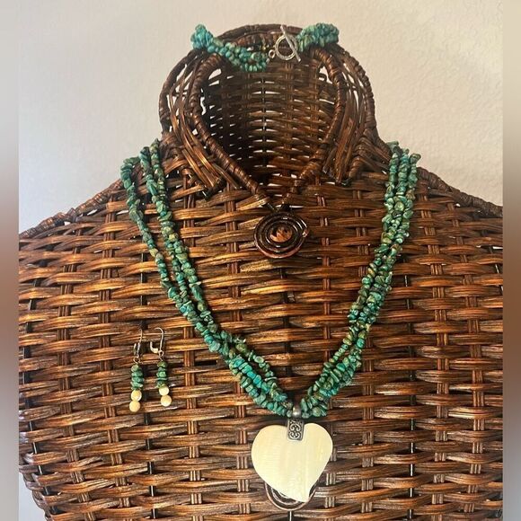 Artisan Jewelry - Vtg artisan turquoise coral nugget 3 strand necklace 925 mother of pearl